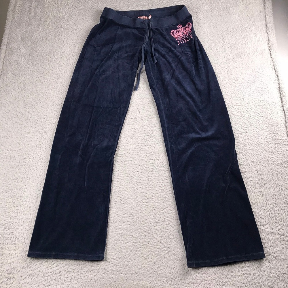 Juicy Couture Track Pants Women M (31x33) Navy Velour Pink Crown Logo Vtg Y2K